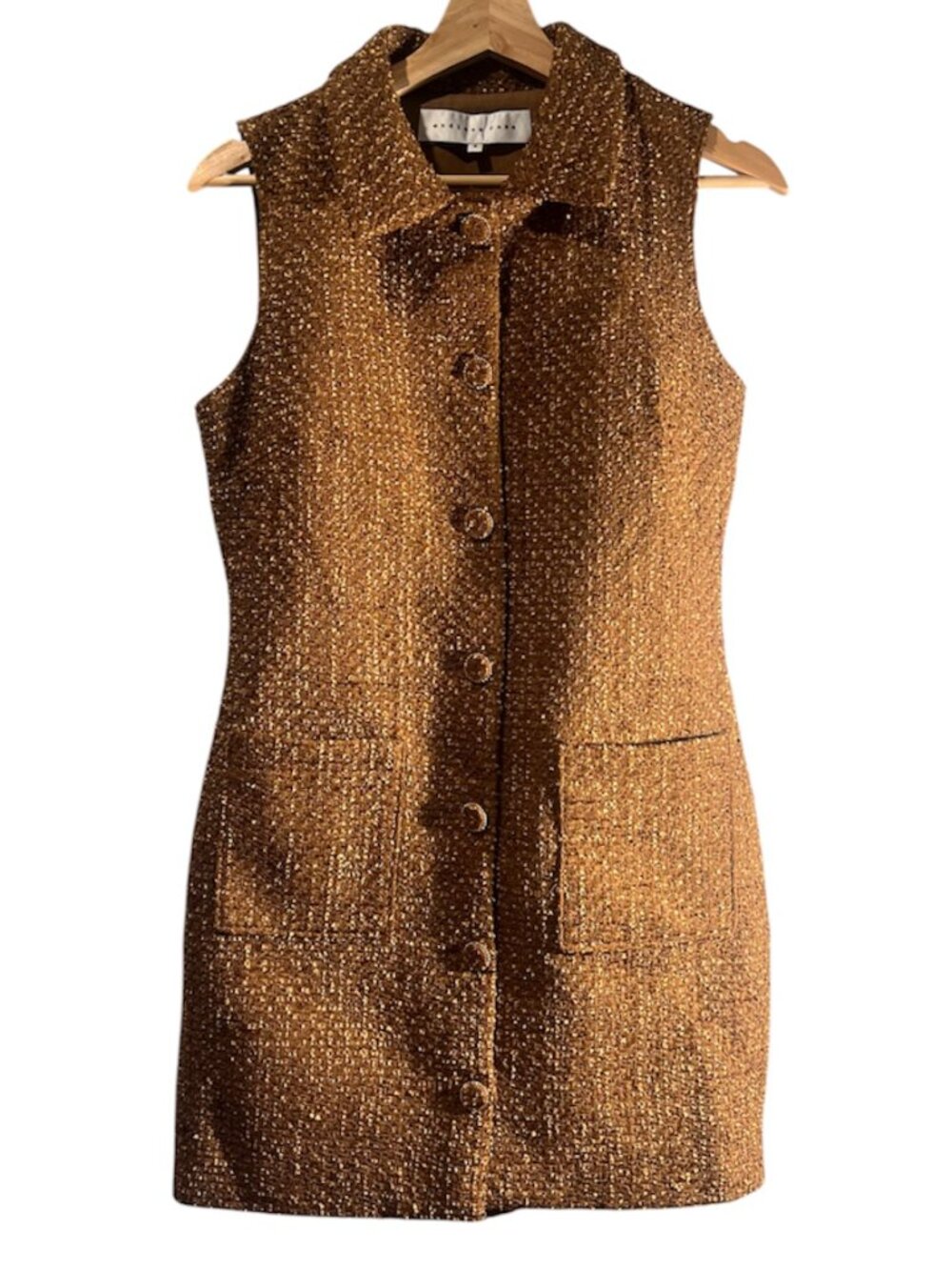 Endless Rose Tweed Mini Dress Sleeveless Collared Button Front Pocket